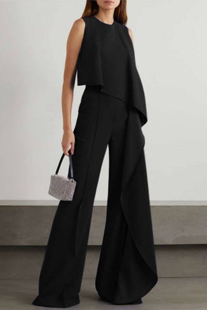 | Casual Solid Patchwork O Neck Regular Jumpsuits