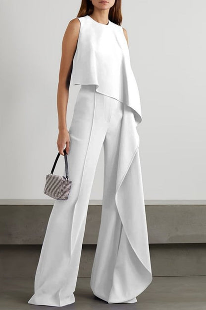 | Casual Solid Patchwork O Neck Regular Jumpsuits