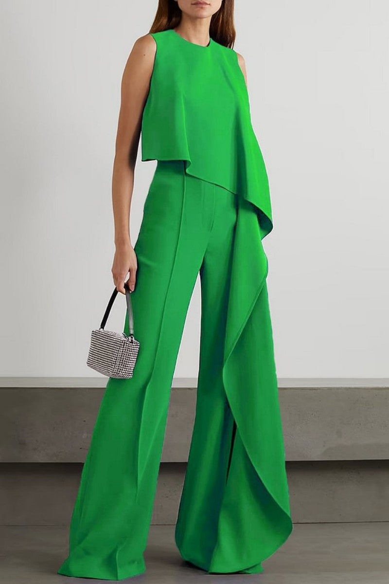 | Casual Solid Patchwork O Neck Regular Jumpsuits