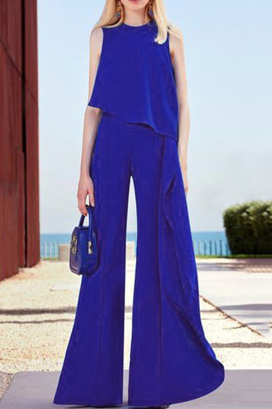 | Casual Solid Patchwork O Neck Regular Jumpsuits