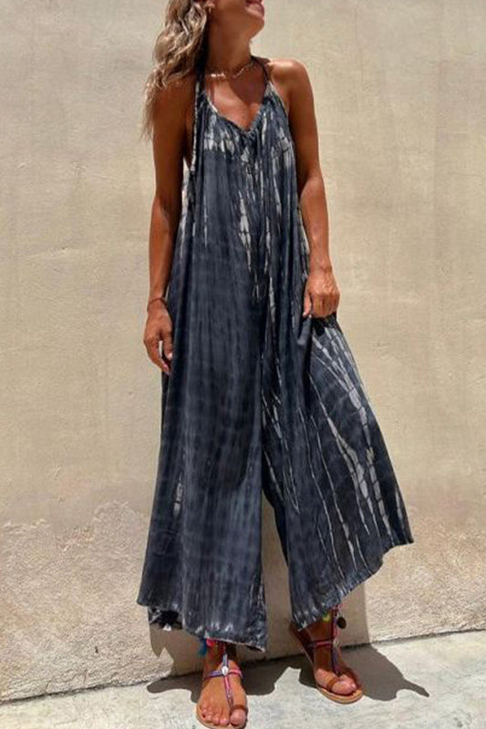 | Casual College Print Contrast U-Neck Loose Jumpsuits