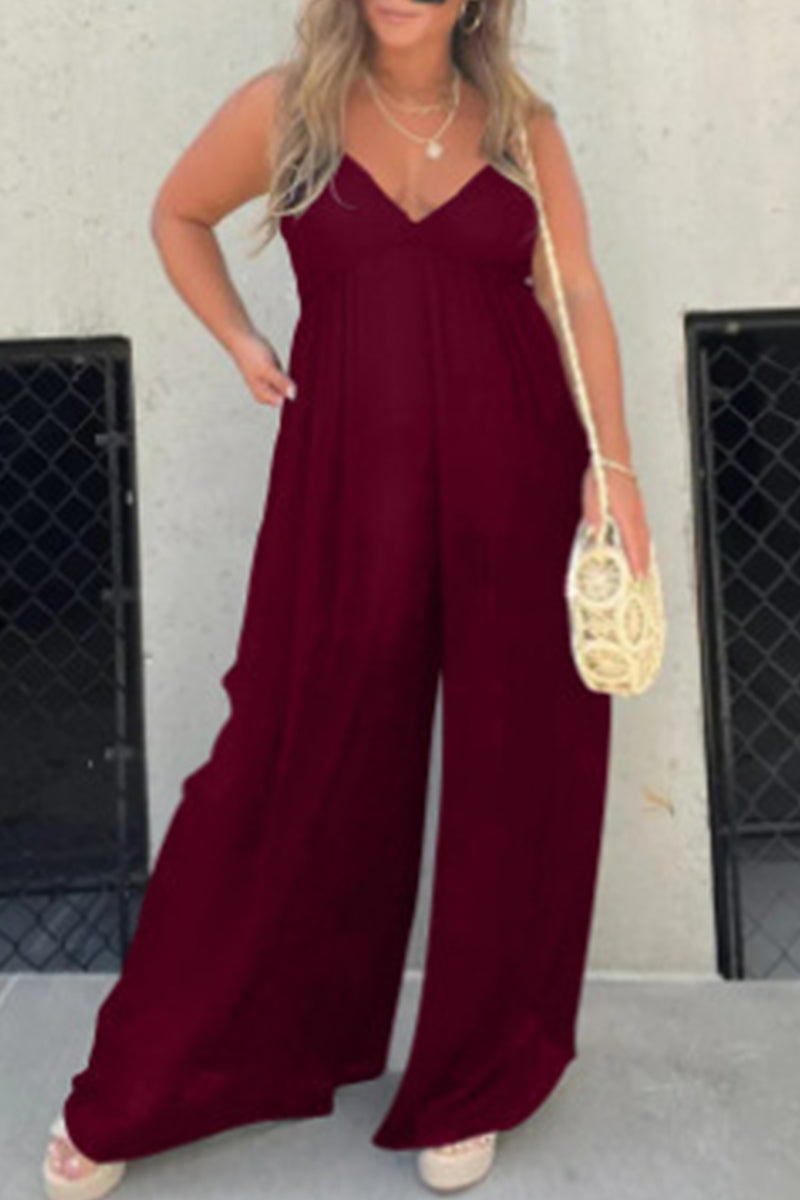 | Casual Solid Pocket Pleated V-Neck Loose Jumpsuits (9 kolorów)