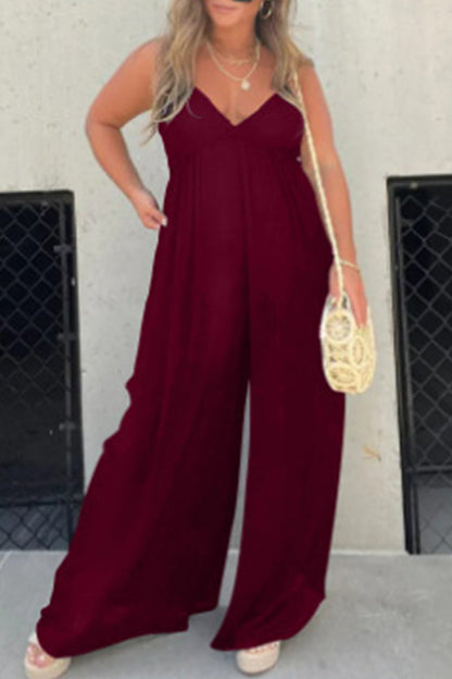 | Casual Solid Pocket Pleated V-Neck Loose Jumpsuits (9 kolorów)