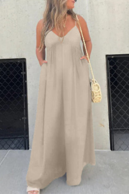 | Casual Solid Pocket Pleated V-Neck Loose Jumpsuits (9 kolorów)