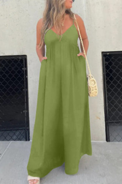 | Casual Solid Pocket Pleated V-Neck Loose Jumpsuits (9 kolorów)