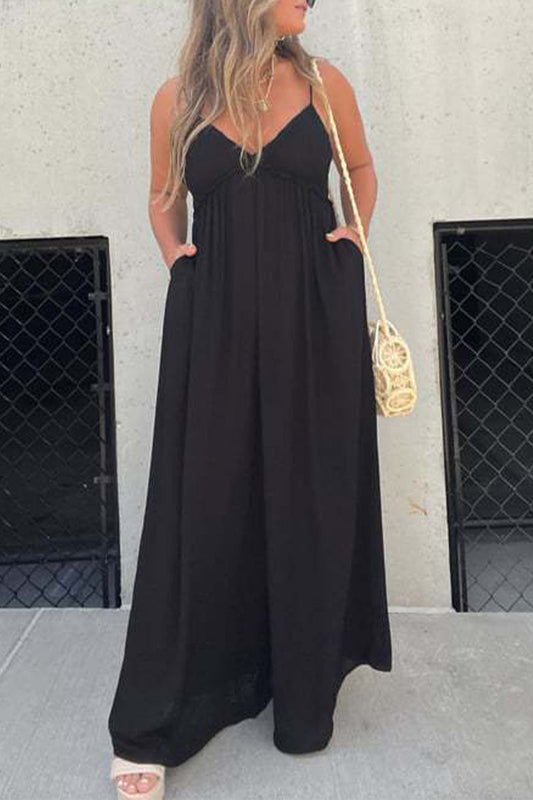 | Casual Solid Pocket Pleated V-Neck Loose Jumpsuits (9 kolorów)