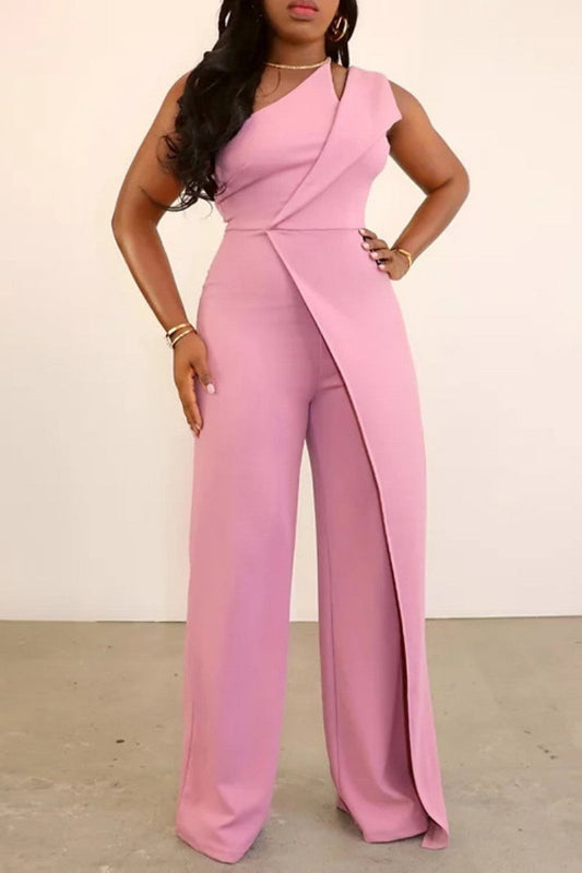 | Casual Solid Patchwork Bias Collar Regular Jumpsuits
