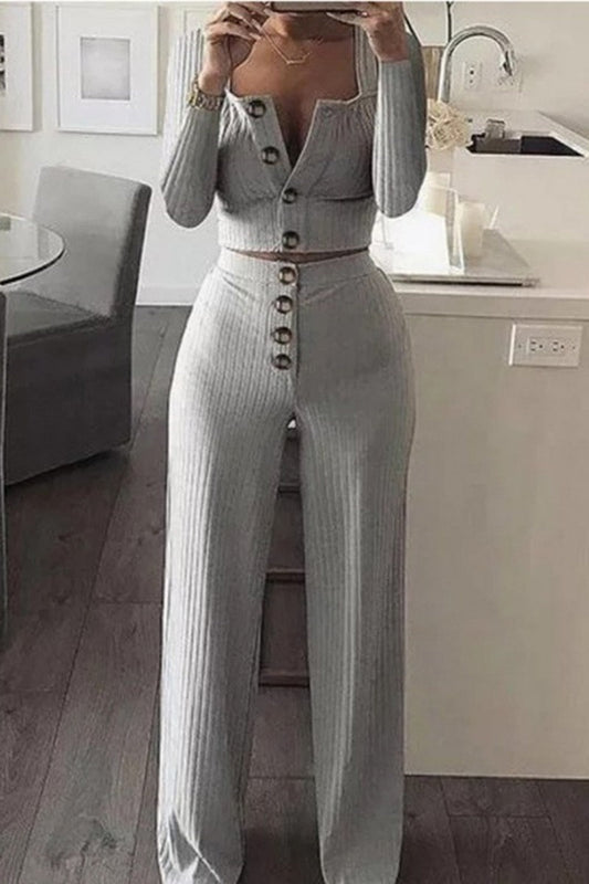 Casual Solid Button Waistcoat Spodnie U Neck Bez rękawów Dwuczęściowe