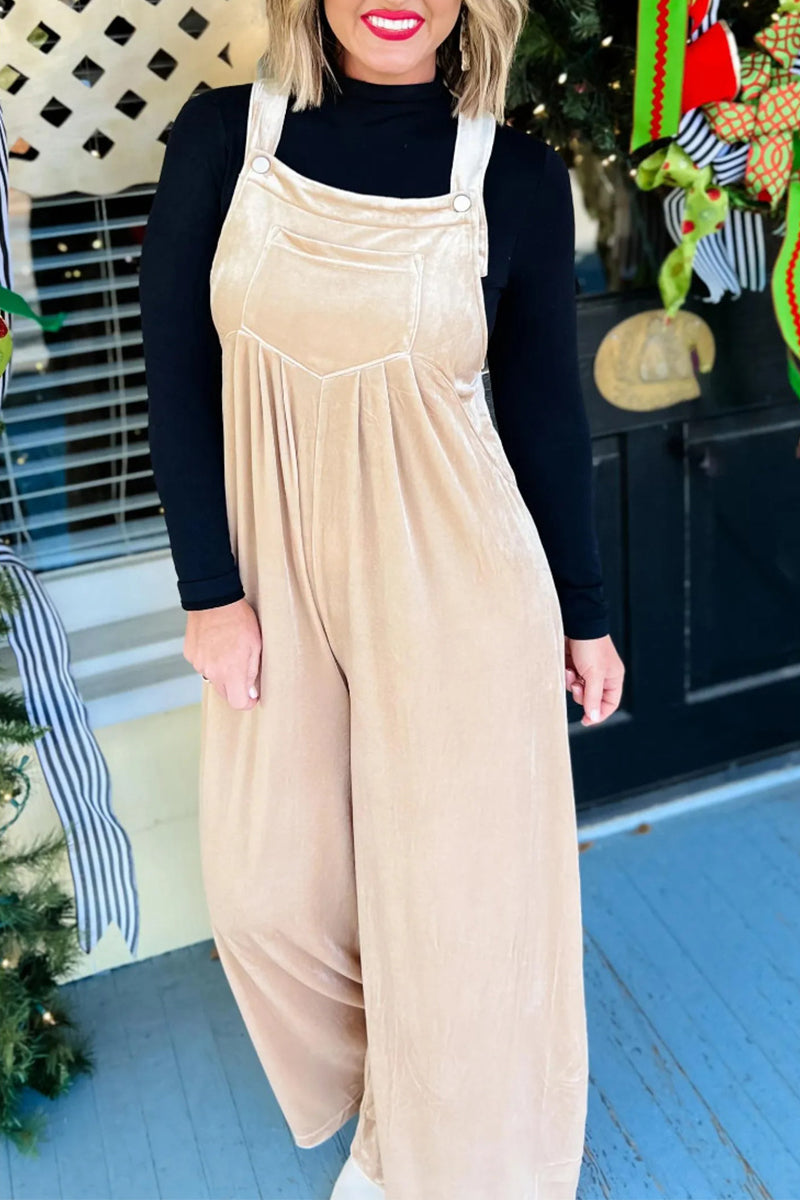 | Casual Solid Pocket Pleated Square-Collar Loose Jumpsuits