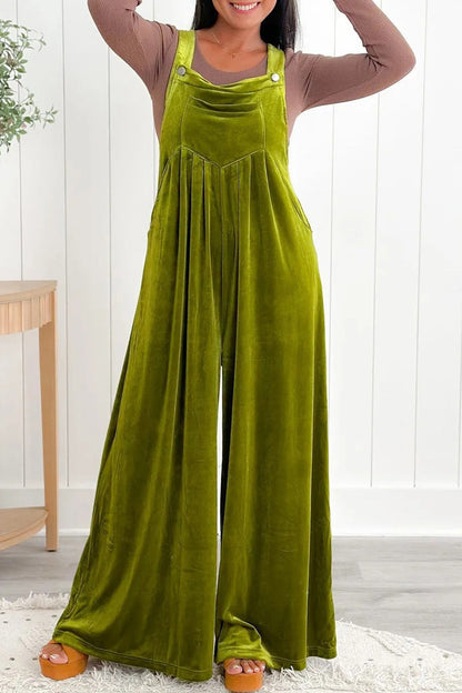 | Casual Solid Pocket Pleated Square-Collar Loose Jumpsuits