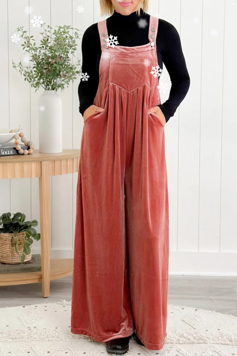 | Casual Solid Pocket Pleated Square-Collar Loose Jumpsuits