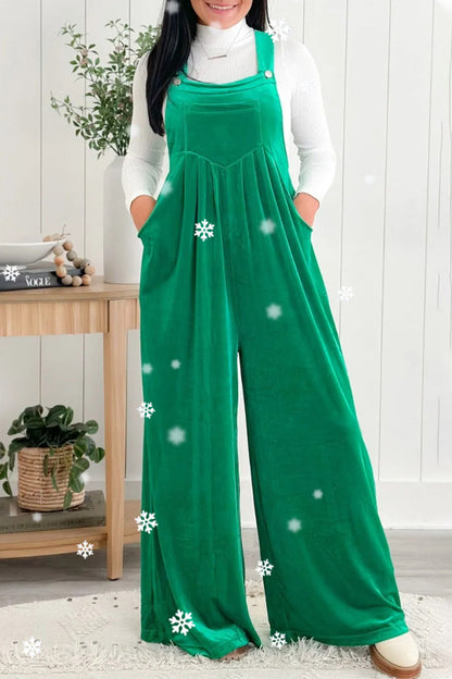 | Casual Solid Pocket Pleated Square-Collar Loose Jumpsuits