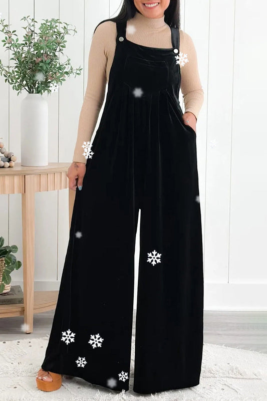 | Casual Solid Pocket Pleated Square-Collar Loose Jumpsuits