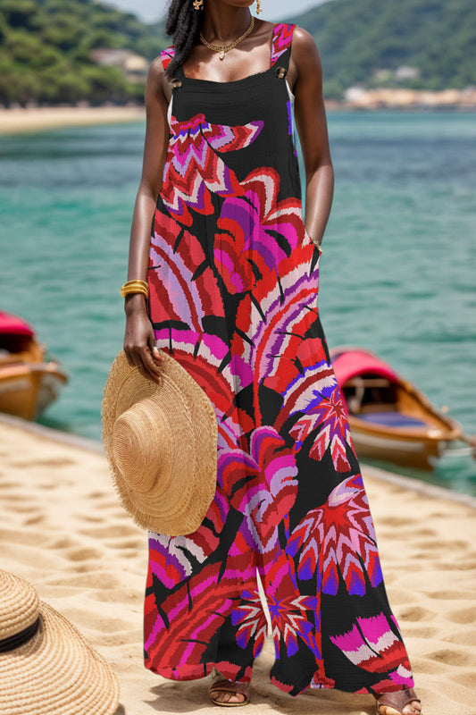| Casual Print Backless Square-Collar Regular Jumpsuits