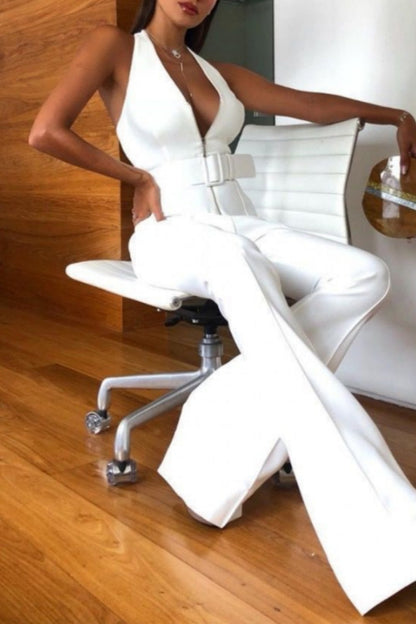 | Casual Solid Backless With Belt Halter Skinny Jumpsuits
