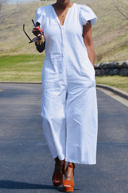 | Casual Solid Patchwork Bag V Neck Regular Jumpsuits