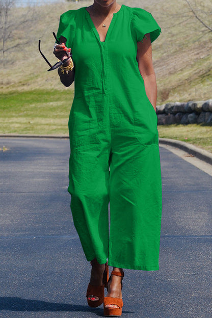 | Casual Solid Patchwork Bag V Neck Regular Jumpsuits