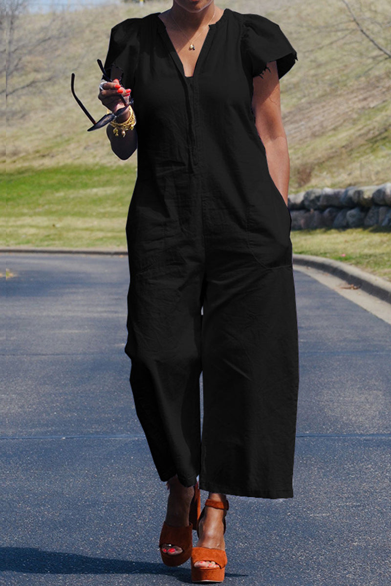| Casual Solid Patchwork Bag V Neck Regular Jumpsuits