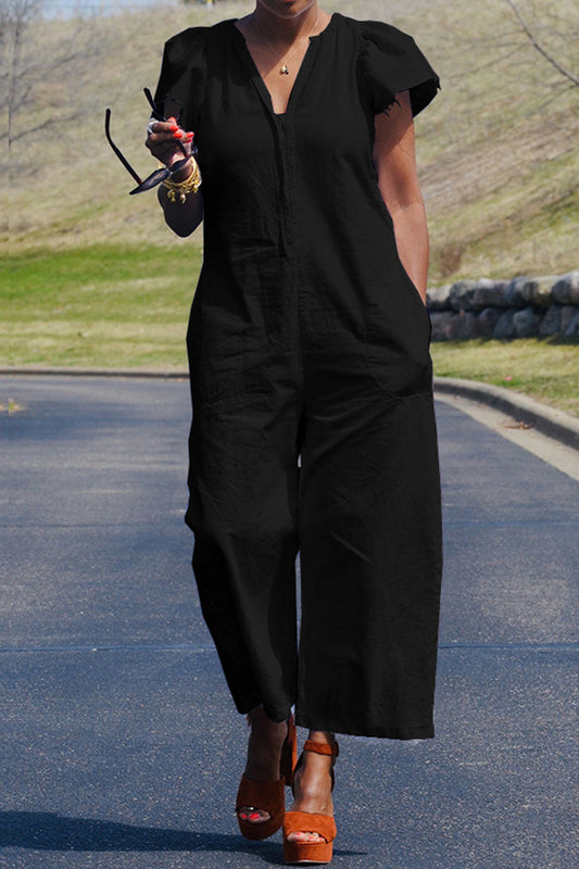 | Casual Solid Patchwork Bag V Neck Regular Jumpsuits