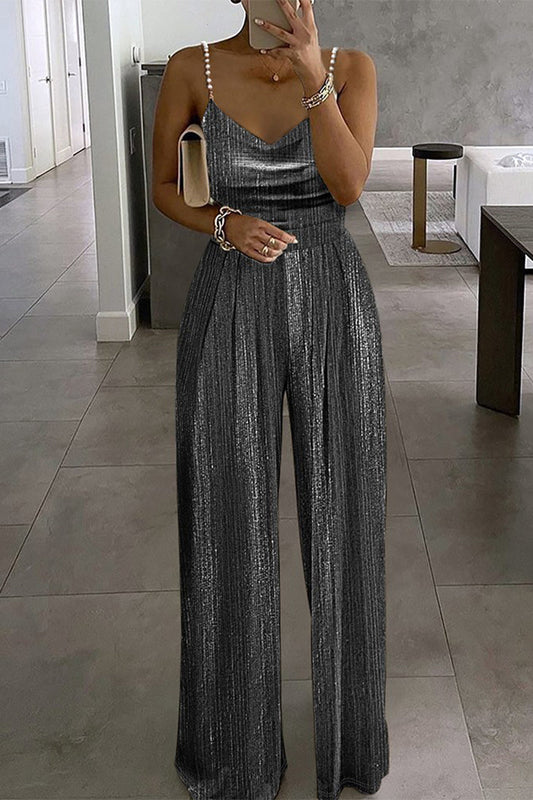 | Casual Solid Beaded Pleats U Neck Loose Jumpsuits (3 kolory)