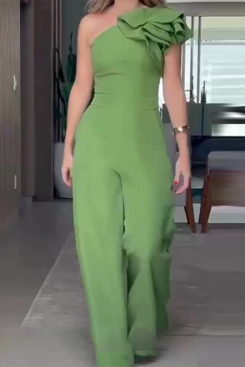 | Casual Celebrities Solid Pleats Floral Bias Collar Regular Jumpsuits