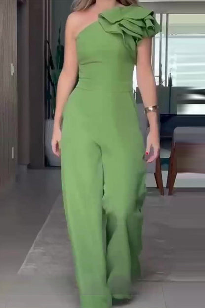 | Casual Celebrities Solid Pleats Floral Bias Collar Regular Jumpsuits