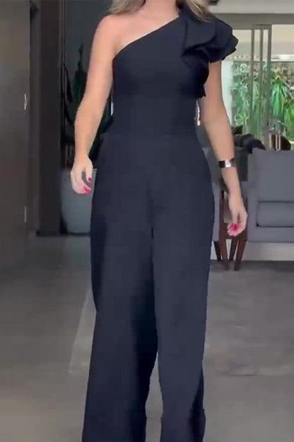 | Casual Celebrities Solid Pleats Floral Bias Collar Regular Jumpsuits