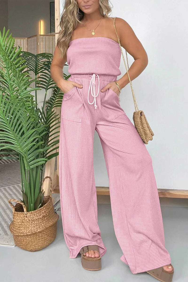 | Casual Striped Drawstring Bag Strapless Regular Jumpsuits