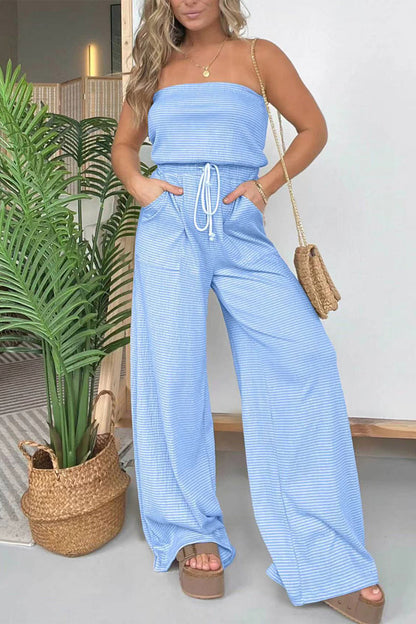 | Casual Striped Drawstring Bag Strapless Regular Jumpsuits