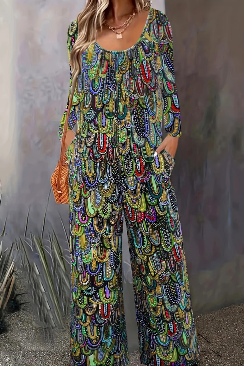 | Casual Print Basic U Neck Regular Jumpsuits