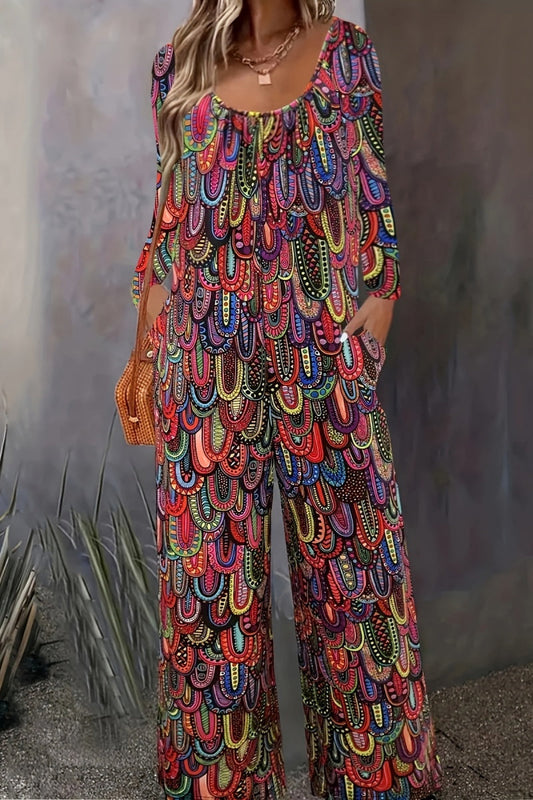 | Casual Print Basic U Neck Regular Jumpsuits