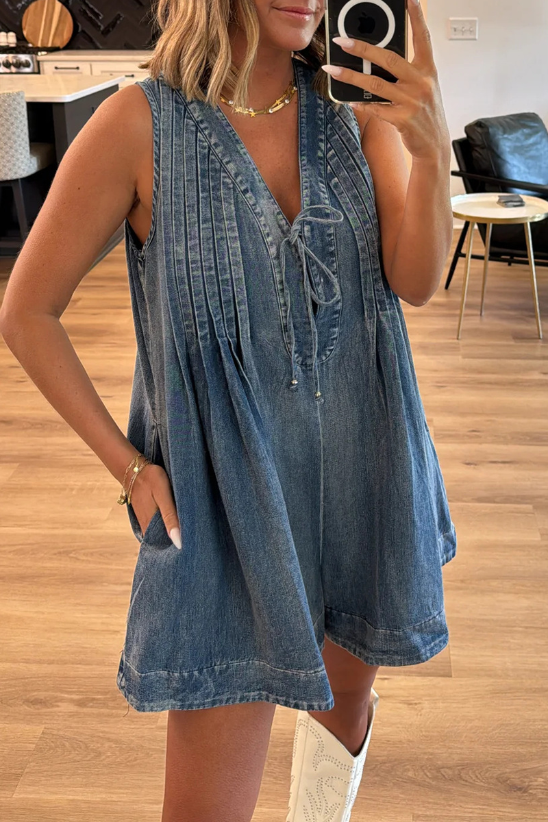 | Casual Street Solid Colour Pocket Lace Up V Neck Sleeveless Loose Denim Jumpsuits