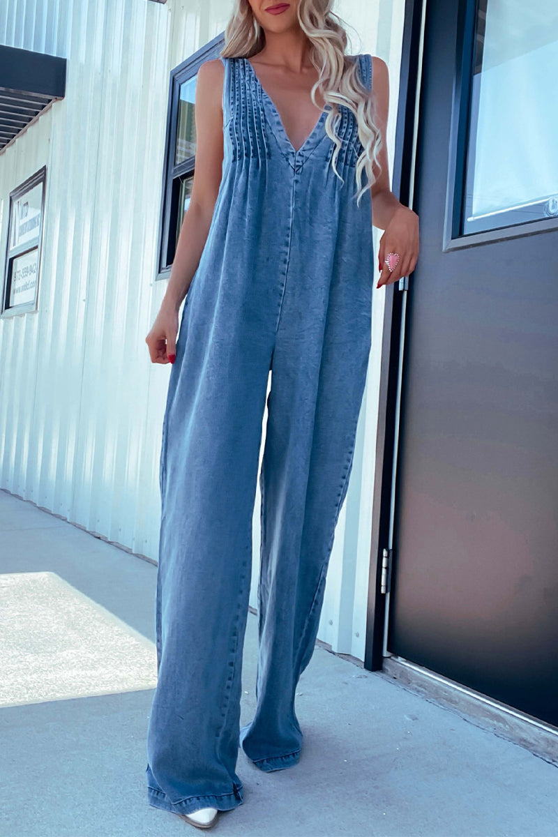 | Casual Damaged Pocket Adjustable V Neck Loose Jumpsuits