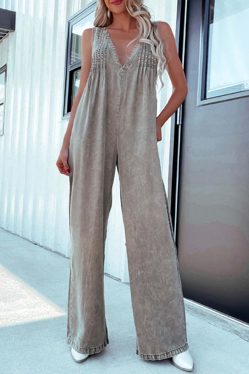 | Casual Damaged Pocket Adjustable V Neck Loose Jumpsuits