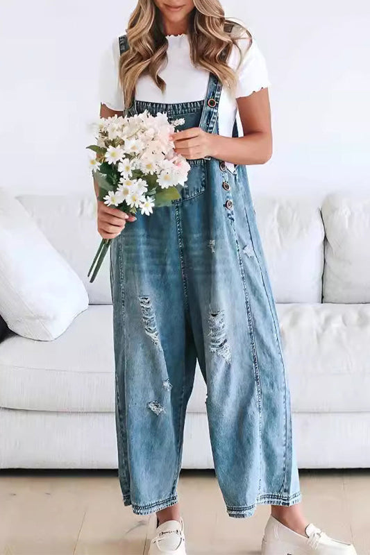 | Casual Damaged Buttons Square Neck Sleeveless Loose Denim Jumpsuits