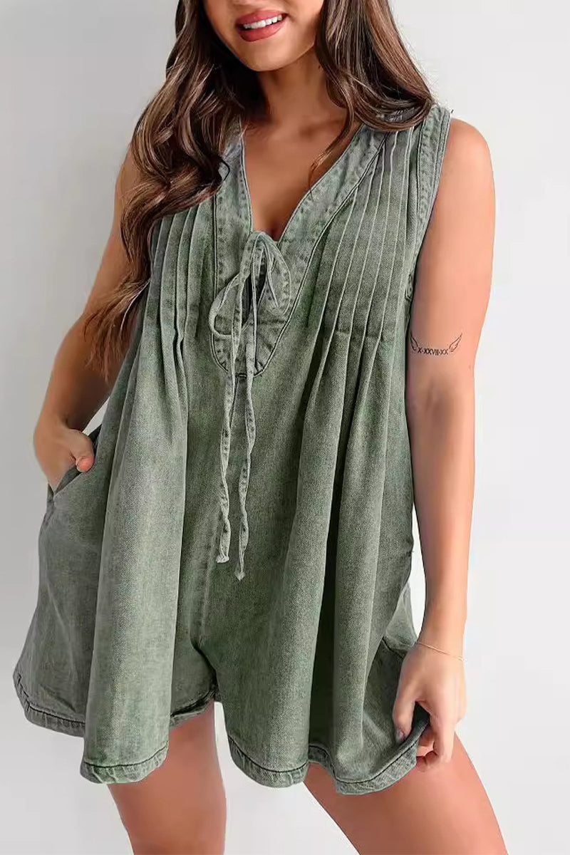 | Casual Street Solid Colour Pocket Lace Up V Neck Sleeveless Loose Denim Jumpsuits
