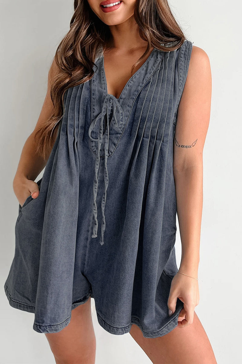 | Casual Street Solid Colour Pocket Lace Up V Neck Sleeveless Loose Denim Jumpsuits