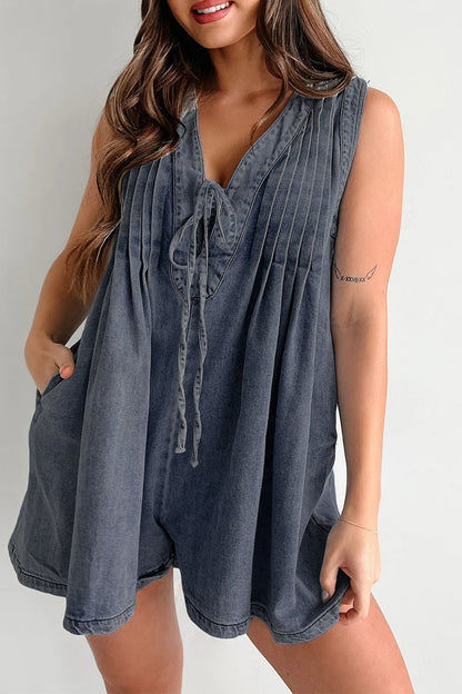 | Casual Street Solid Colour Pocket Lace Up V Neck Sleeveless Loose Denim Jumpsuits