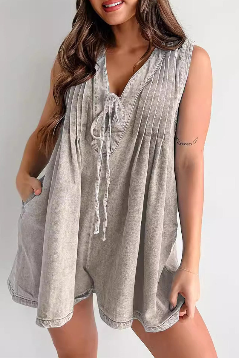 | Casual Street Solid Colour Pocket Lace Up V Neck Sleeveless Loose Denim Jumpsuits