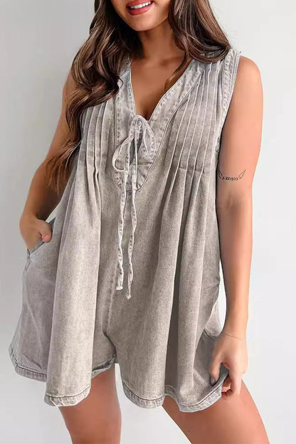 | Casual Street Solid Colour Pocket Lace Up V Neck Sleeveless Loose Denim Jumpsuits