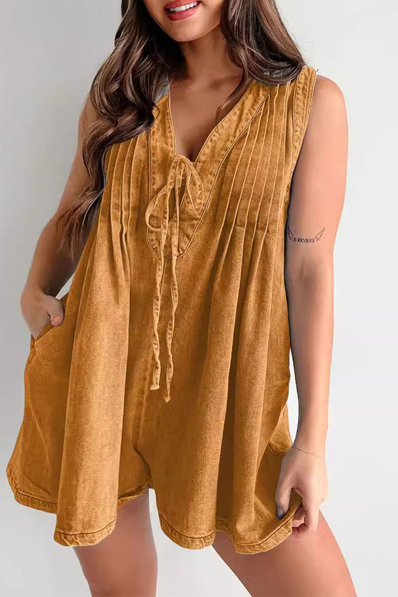 | Casual Street Solid Colour Pocket Lace Up V Neck Sleeveless Loose Denim Jumpsuits