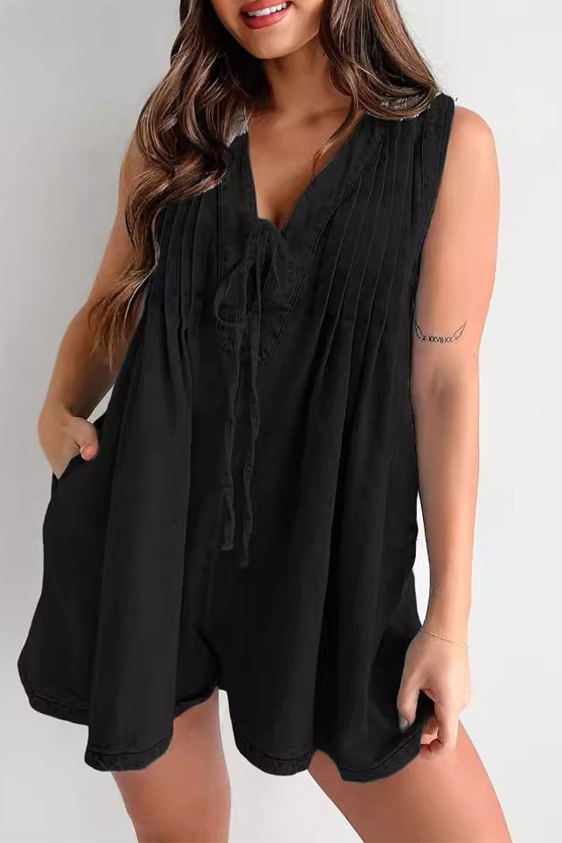 | Casual Street Solid Colour Pocket Lace Up V Neck Sleeveless Loose Denim Jumpsuits