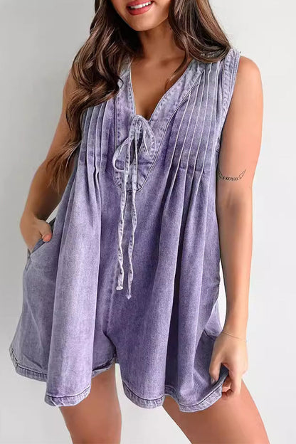 | Casual Street Solid Colour Pocket Lace Up V Neck Sleeveless Loose Denim Jumpsuits