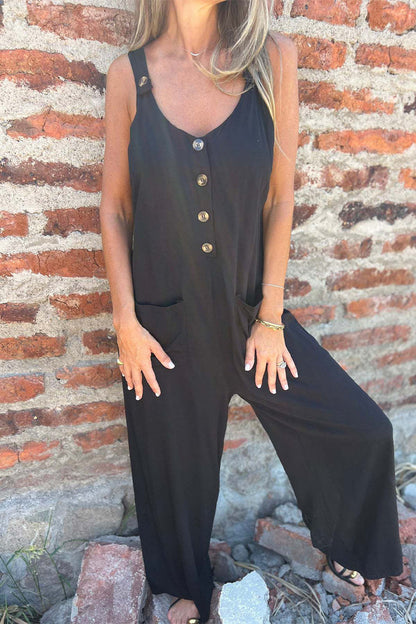 | Casual Solid Colour Pocket Buttons Backless U Neck Boot Cut Jumpsuits