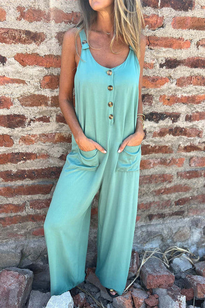 | Casual Solid Colour Pocket Buttons Backless U Neck Boot Cut Jumpsuits