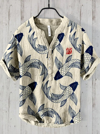 Ludo | Lniana koszula w stylu vintage z motywem ryby