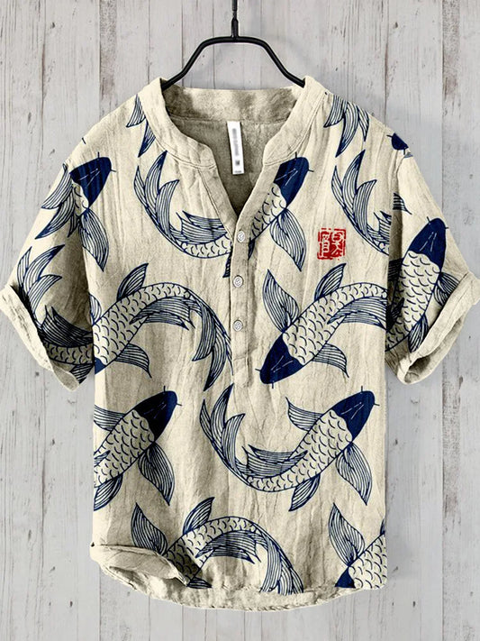Ludo | Lniana koszula w stylu vintage z motywem ryby