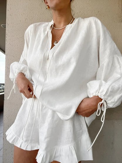 Casual Lantern Sleeve Top Krótkie spodnie Dwuczęściowy zestaw z bawełny i lnu