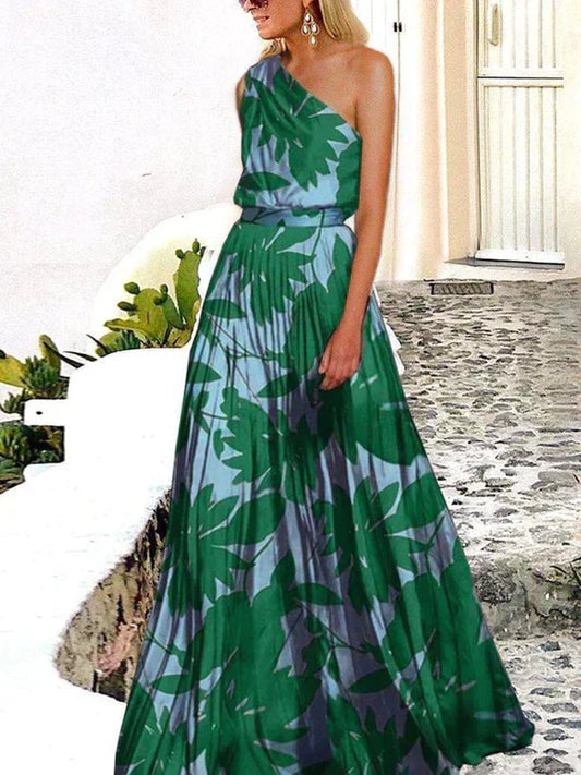 Donna - Sukienka maxi na jedno ramię z nadrukiem