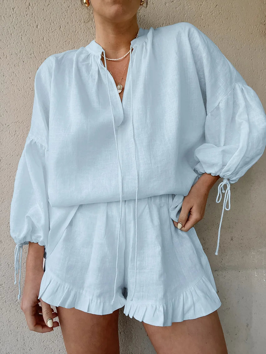 Casual Lantern Sleeve Top Krótkie spodnie Dwuczęściowy zestaw z bawełny i lnu